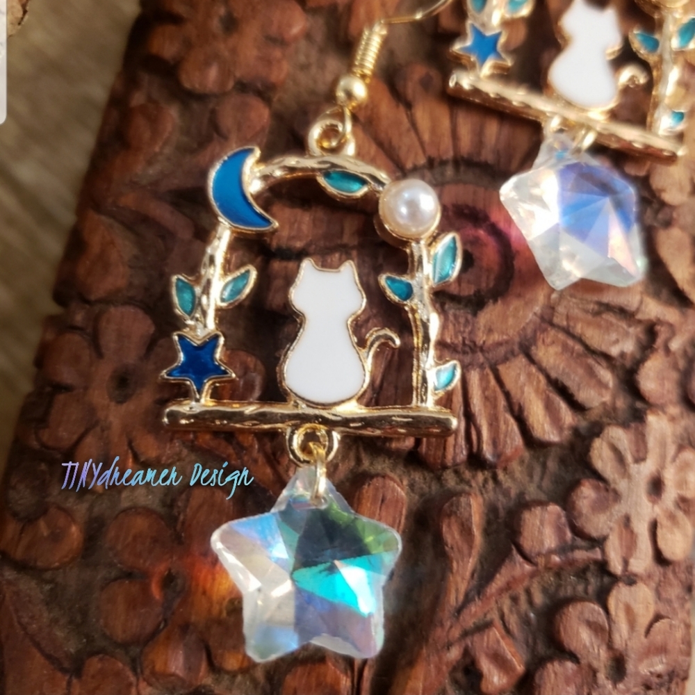 Cat earrings Moon Crystal Star earrings Pearl Rose Gold White Cat Jewelry Gift